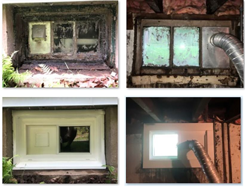 Four views of basement windows with vents and flexible ducts in a damaged wall.
