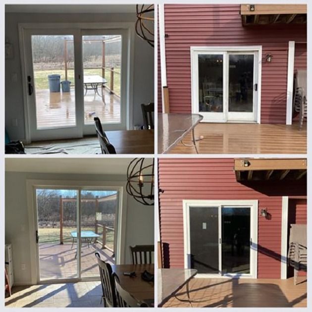 Before-and-after view of a sliding glass door and deck, with improved light and visible outdoor patio area.