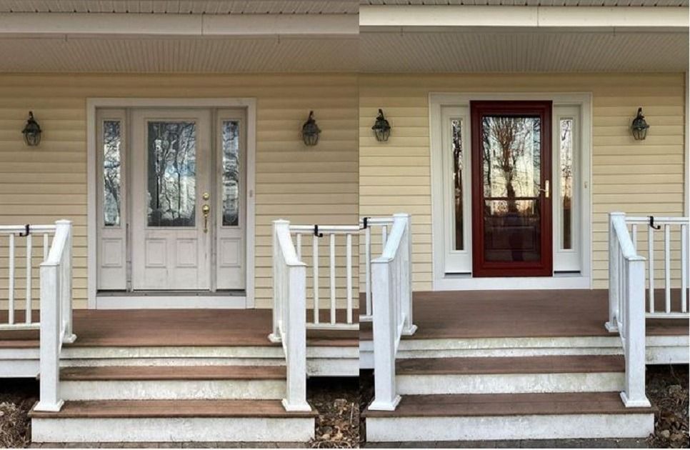 Two front porches with white railings and steps; one has cream doors, the other a red front door.