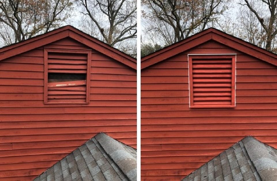 Before-and-after of a red house wall with a small louvered vent replaced by red slats under the roofline.