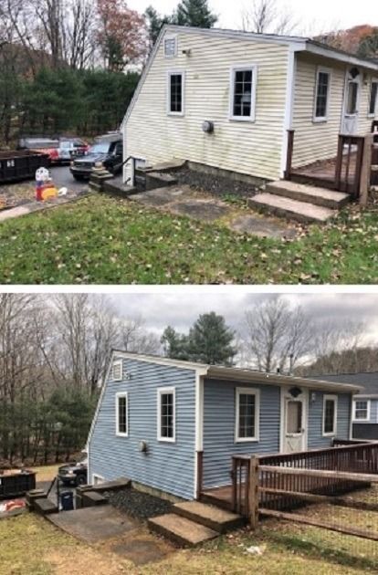 Before-and-after view of a small house exterior repainted from beige to blue with a wooden deck and steps.