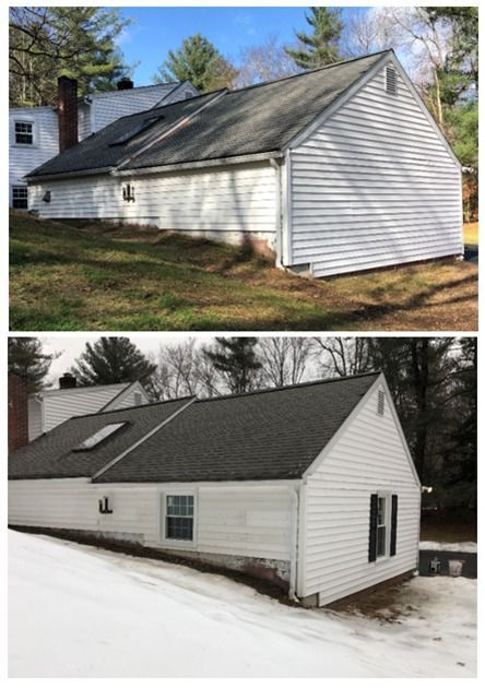 Before-and-after view of a white house with a gray roof: lawn in one scene, snow-covered yard in the other.