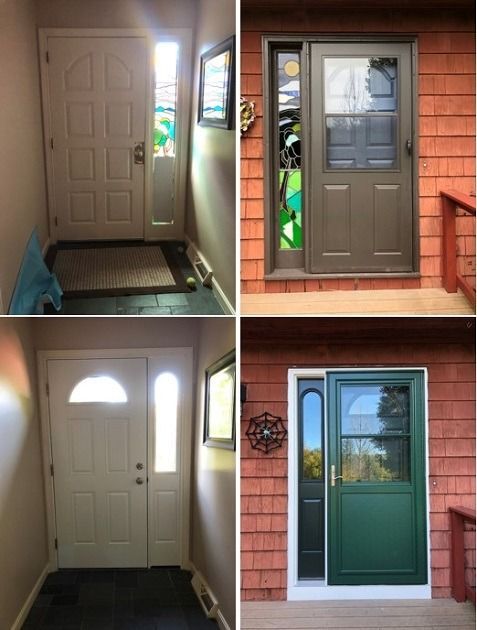 Four front doors showing before-and-after replacements in white, brown, beige, and green.