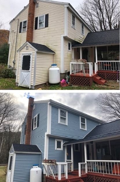 House exterior before and after: beige siding changed to blue, with porch and shed.
