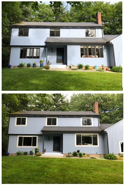 Two photos of a gray two-story house with black trim, a red chimney, and a green lawn.