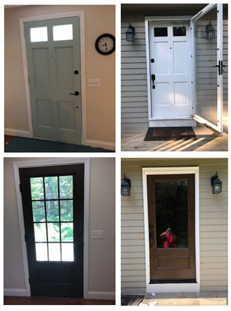 Four front doors in a 2x2 collage, showing different styles and colors on house exteriors