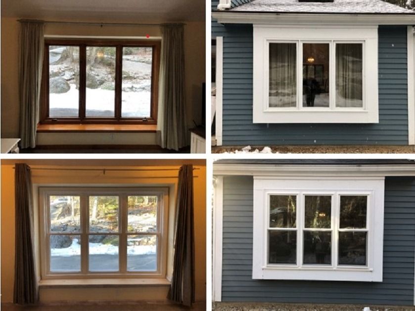 Four views of a window from inside and outside, showing before-and-after framing and trim changes.