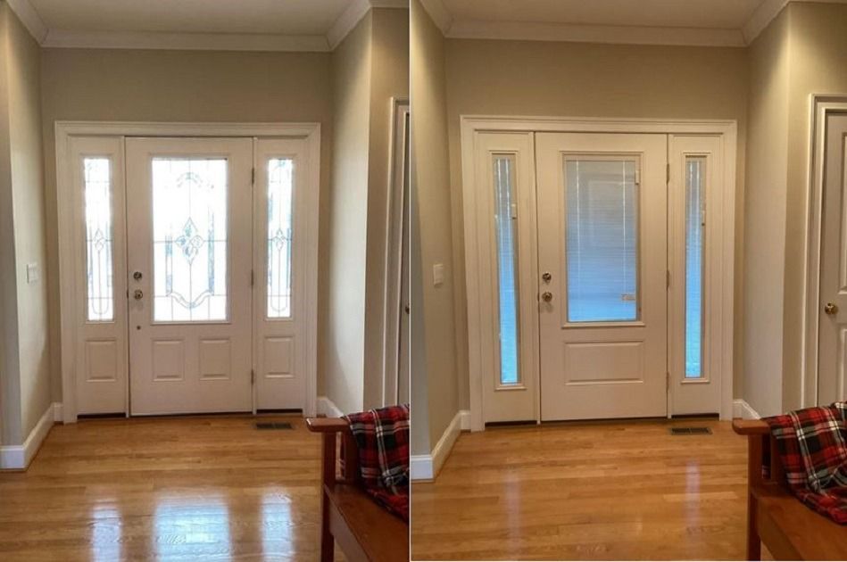 Split view of a bright foyer showing a white double front door in two similar interior shots.