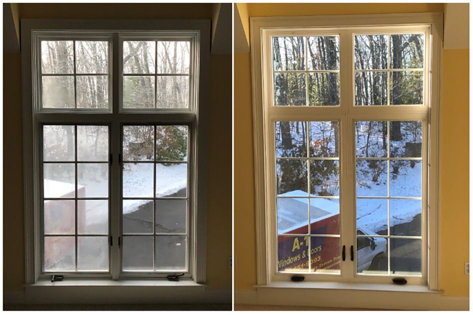 Side-by-side window before and after painting: white trim on left, tan trim on right, snowy yard outside.