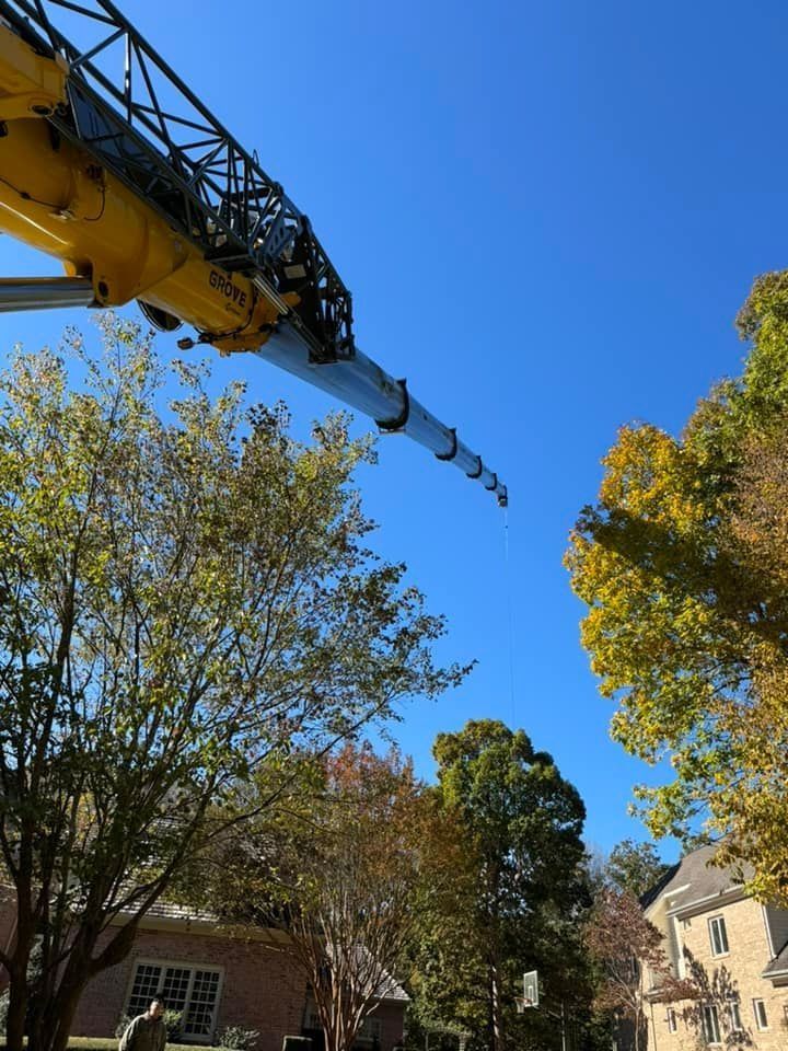 Yellow crane extending towards a clear blue sky, above colorful trees and a brick building.