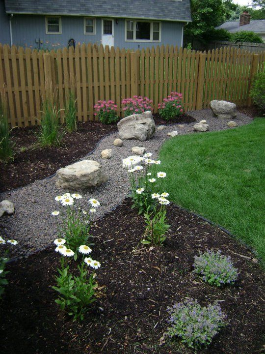 A wooden fence surrounds a garden with flowers and rocks.