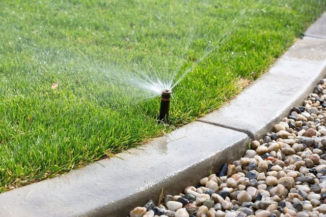 A lawn sprinkler is spraying water on a lush green lawn.