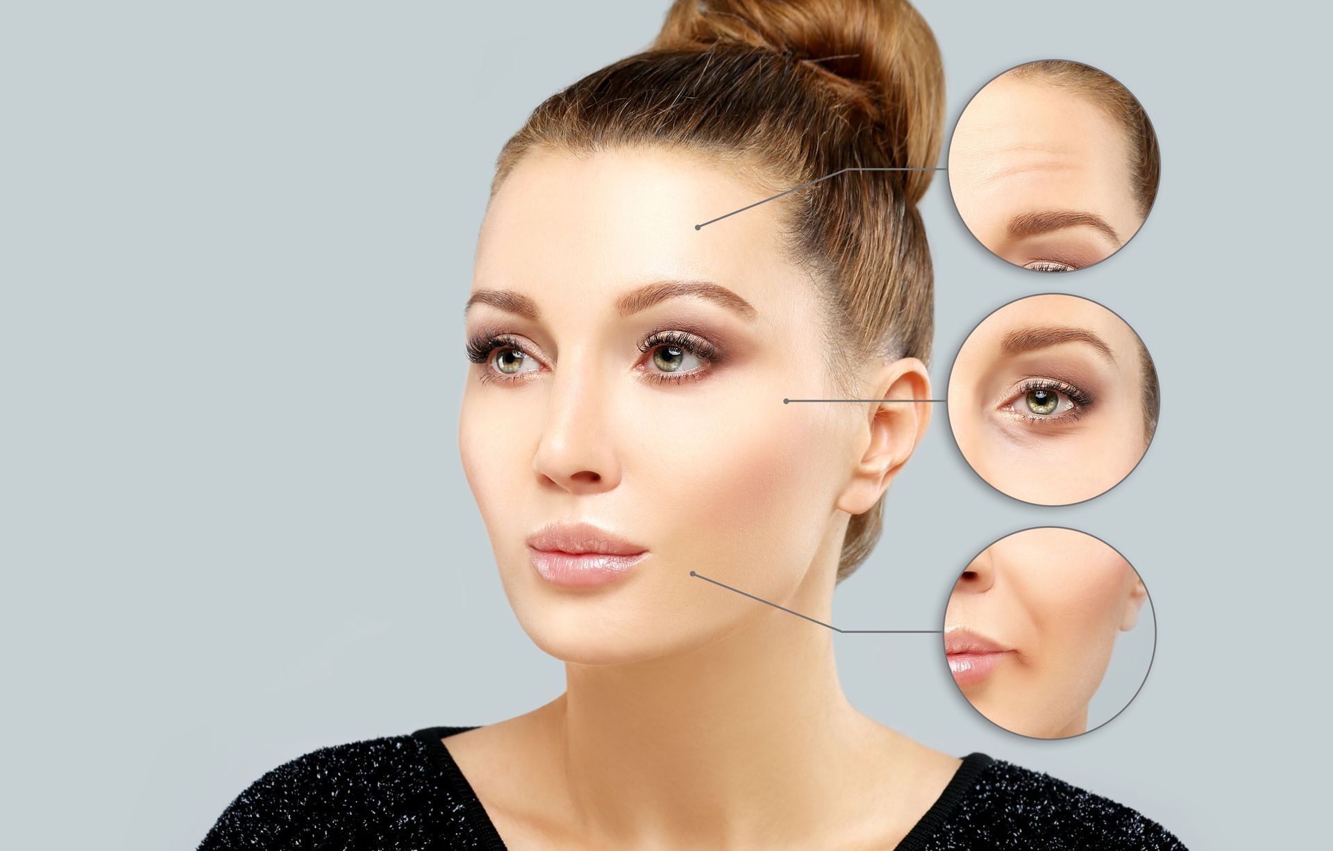Woman's face showing signs of aging, with close-ups of forehead wrinkles, eye bags, and marionette lines on a gray background.