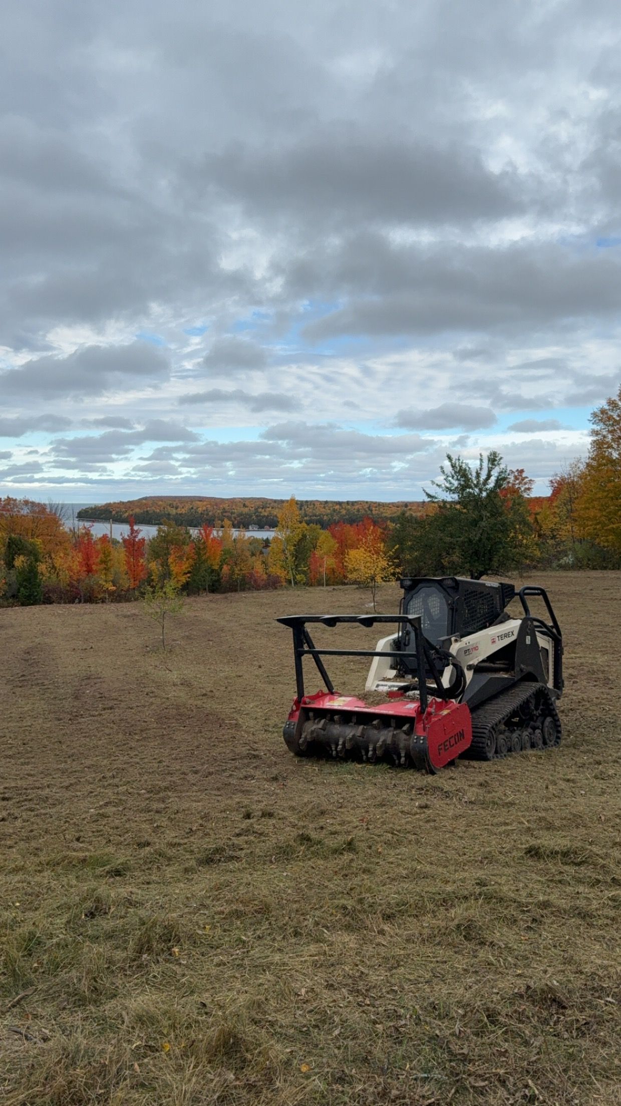 Red mower in a grassy field under cloudy sky, with autumn trees in the background.