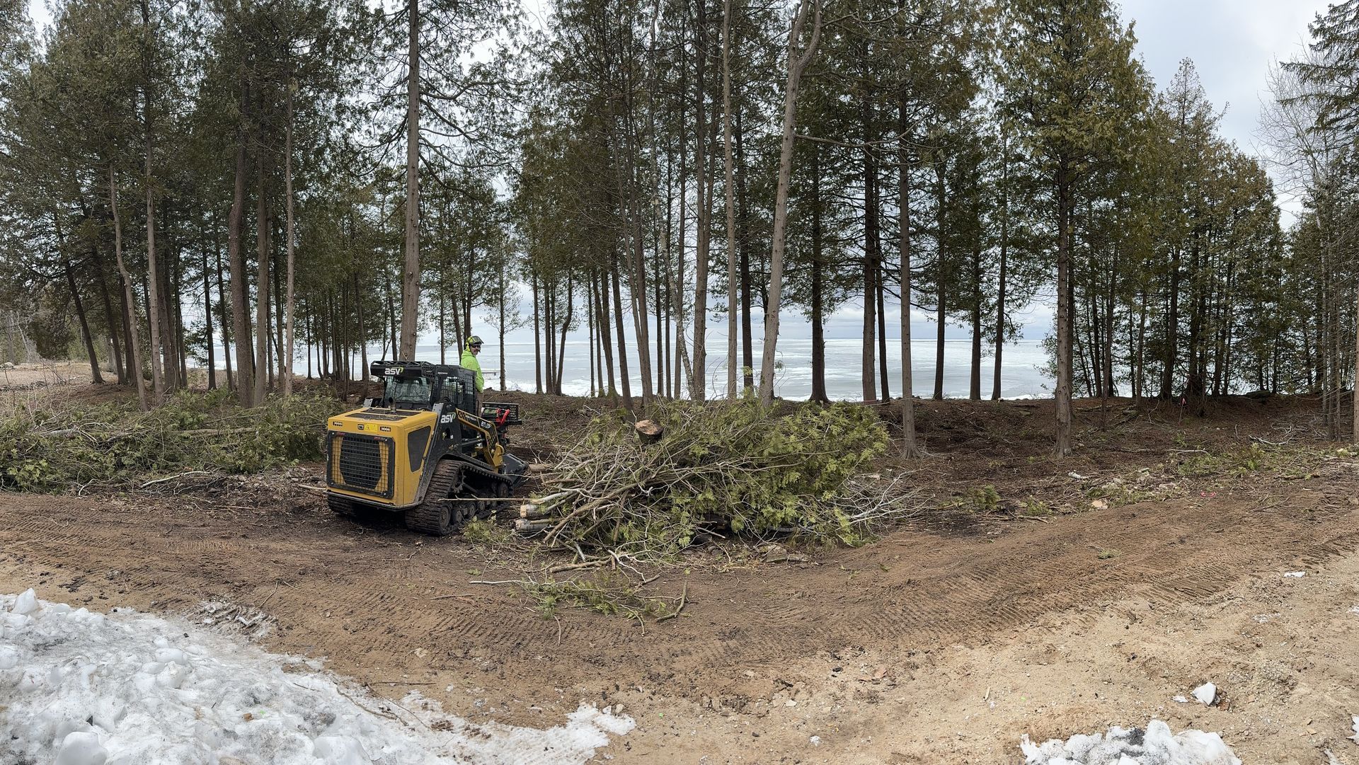 Yellow excavator clearing a brush pile in a snowy wooded area with tall trees.