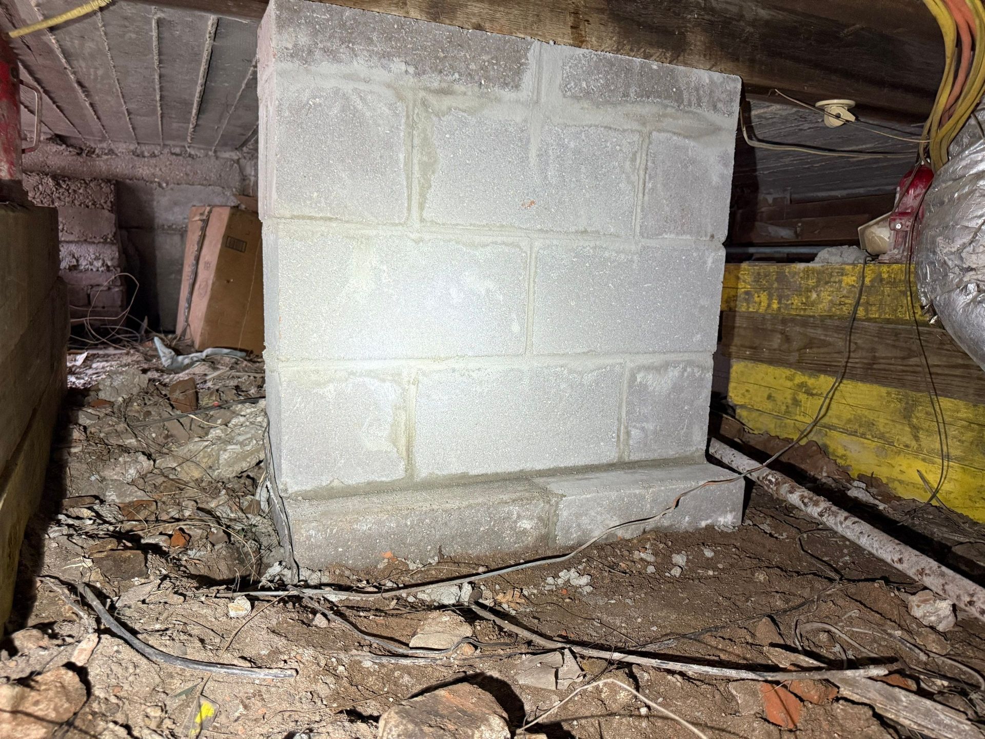 Concrete block foundation in a crawl space, exposed soil with debris and wiring.