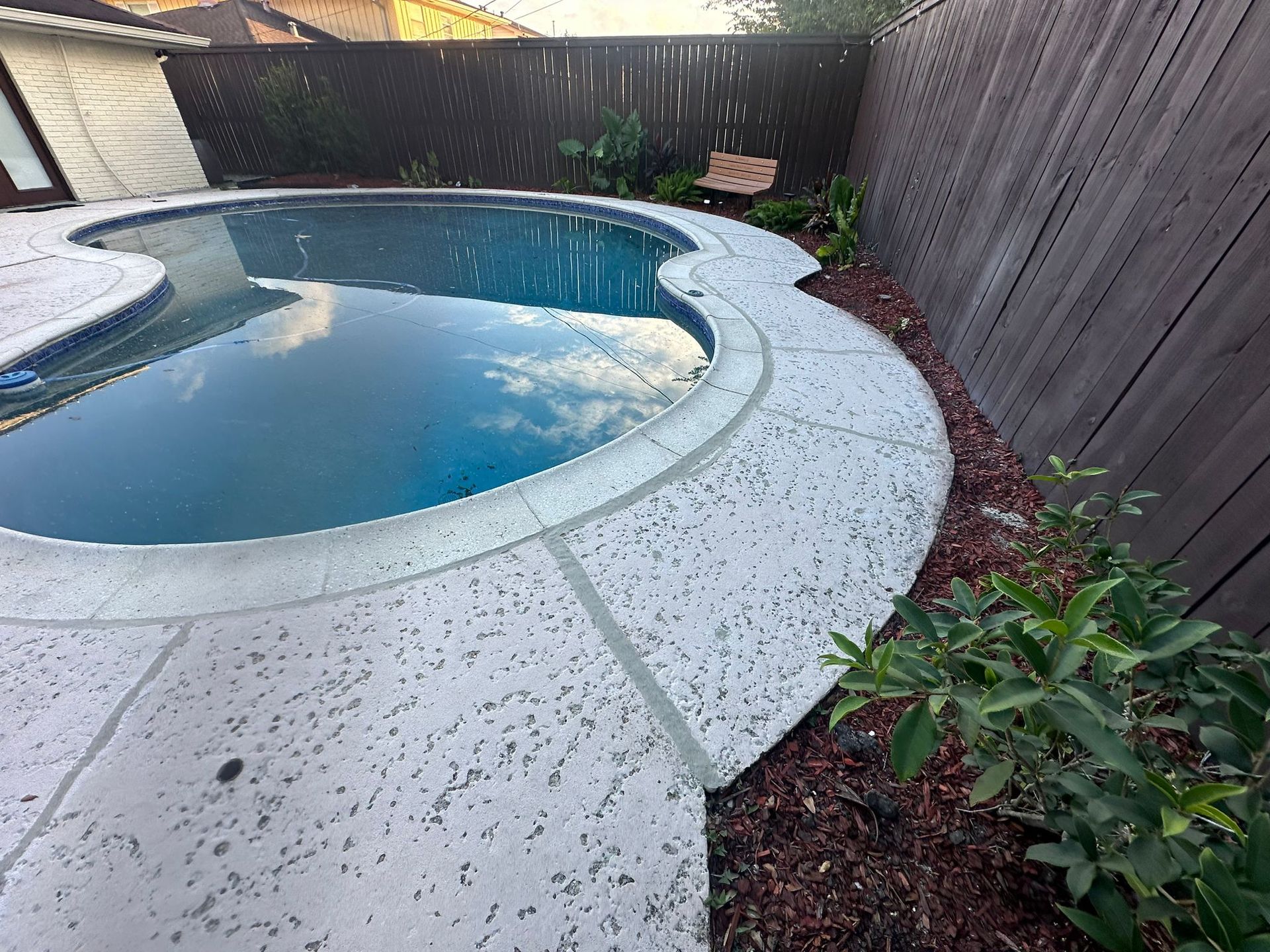 Pool with a curved edge surrounded by concrete, next to a wooden fence and plants.