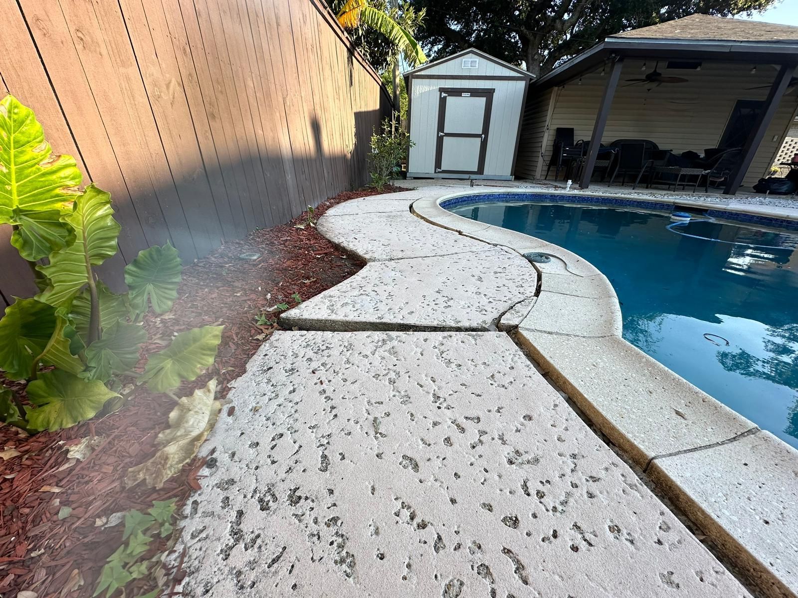 Poolside view with concrete path, wooden fence, shed, and foliage.