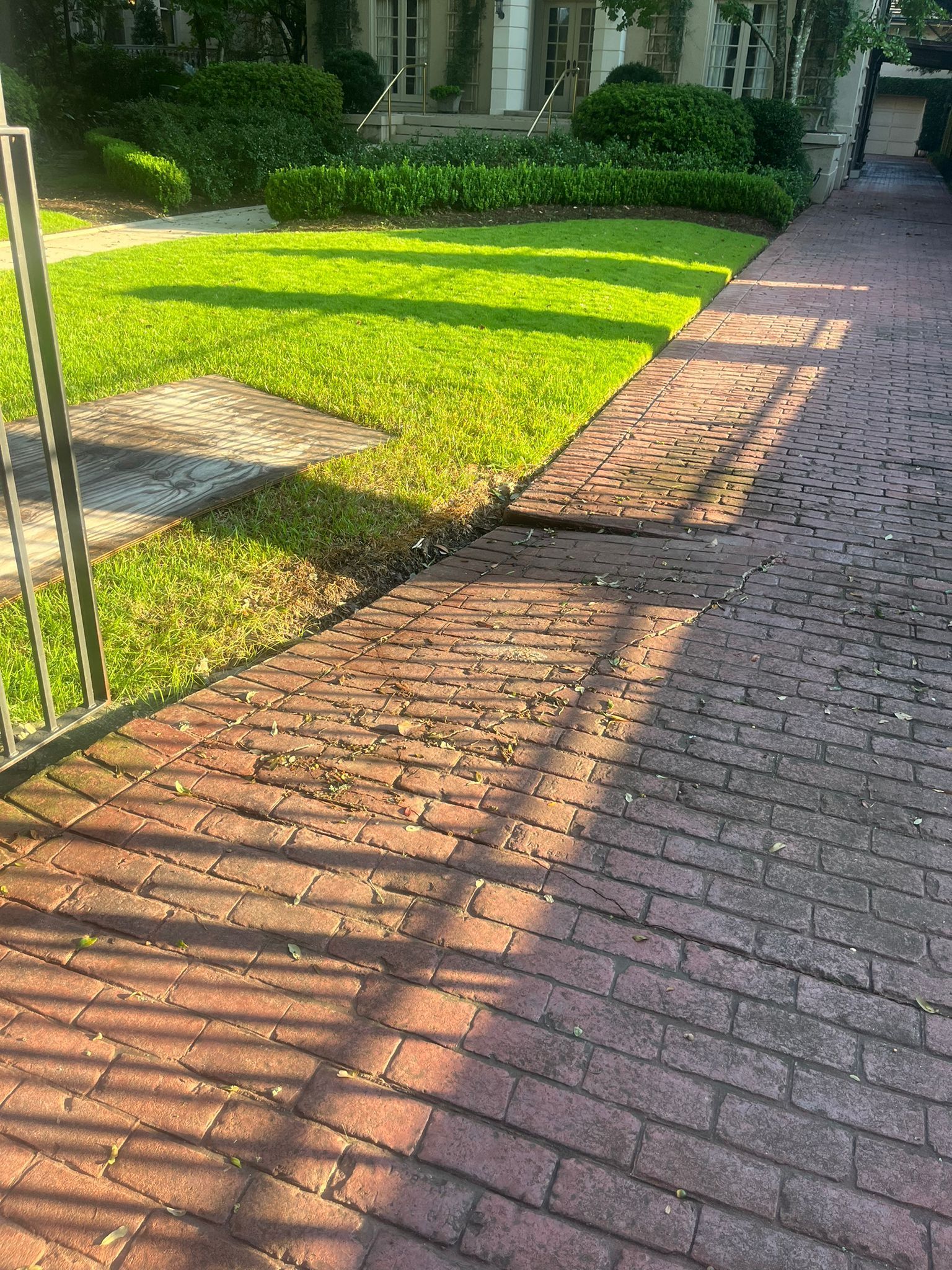 Brick driveway next to a green lawn, shadowed by a wrought iron fence; a house in the background.