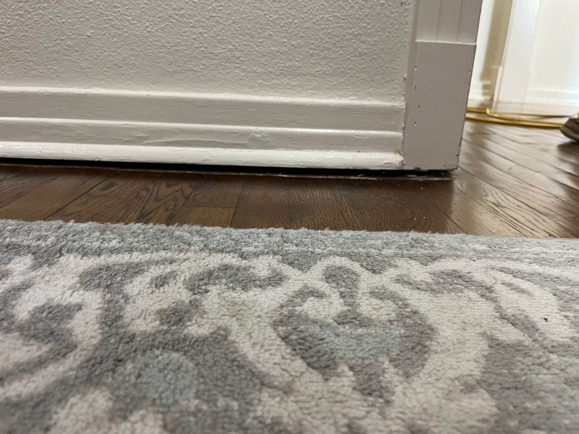 Low-angle view of a floor rug, hardwood floor, white baseboard and wall.