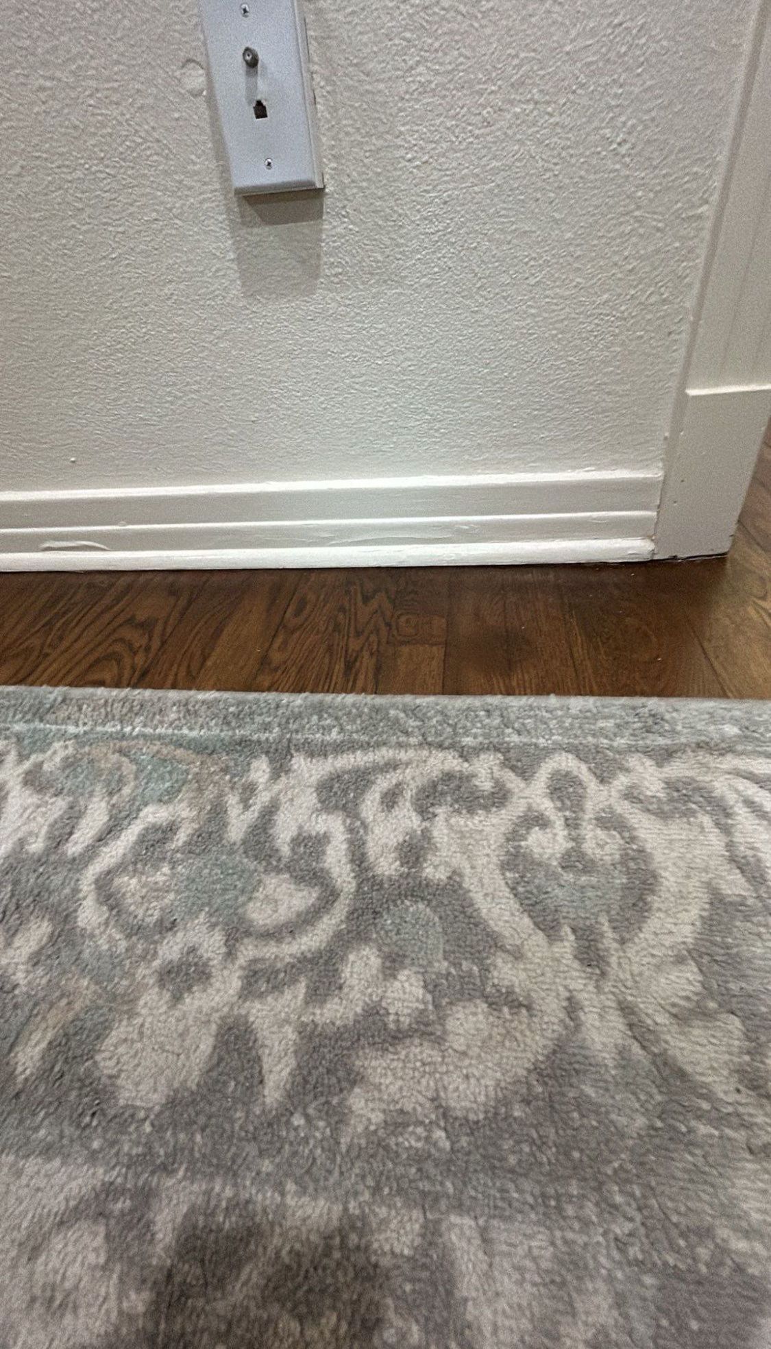 Light gray and white patterned rug in front of a hardwood floor and textured white wall.