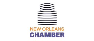 Logo for the New Orleans Chamber; stylized building icon above text, “New Orleans” in gold, “Chamber” in blue.