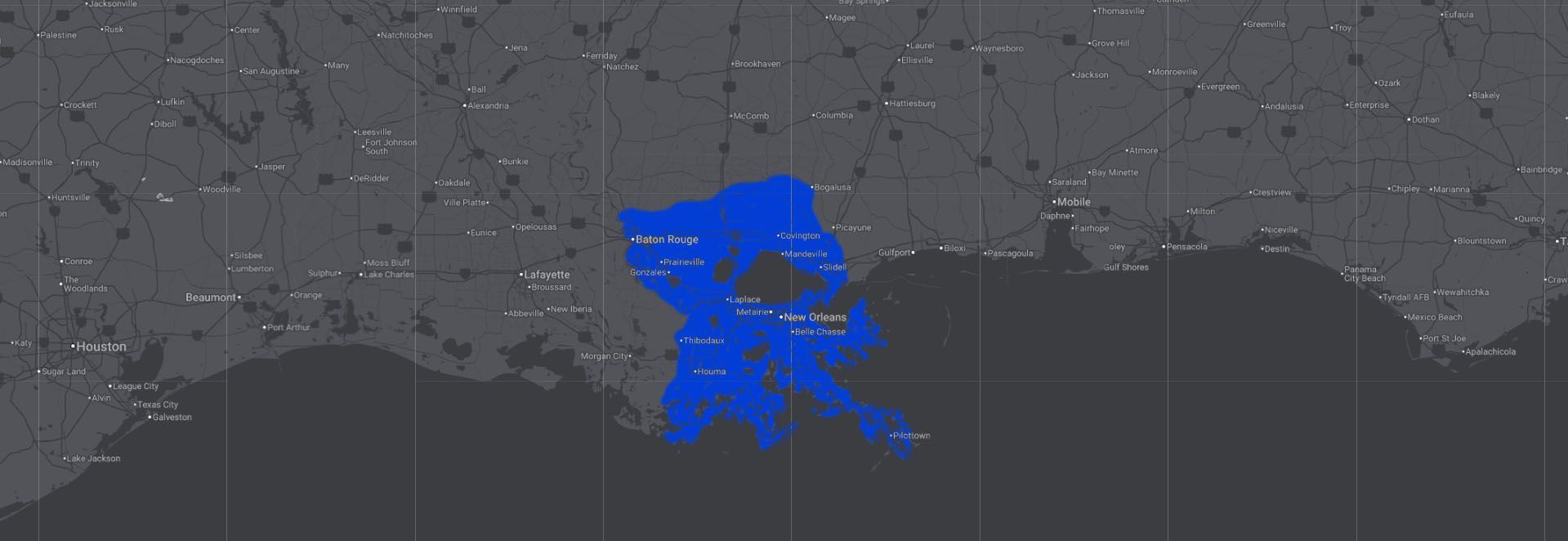 Blue shape over a map of the South Louisiana