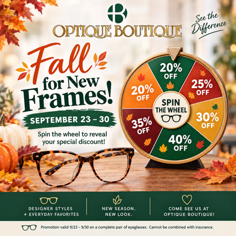 Optique Boutique fall eyewear sale poster with discount wheel and tortoiseshell glasses