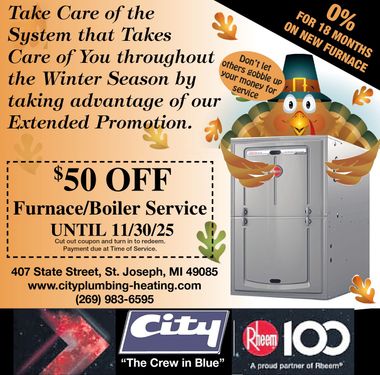 Advertisement for furnace/boiler service $50 off, with a turkey graphic. Includes address and website.