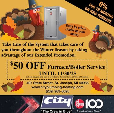 Advertisement for City Plumbing-Heating offering furnace/boiler service discount with turkey graphics.