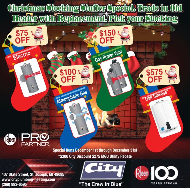 Christmas promotion: Trade-in heater, pick a stocking with discounts. Fireplace backdrop with stockings, Rheem logo.