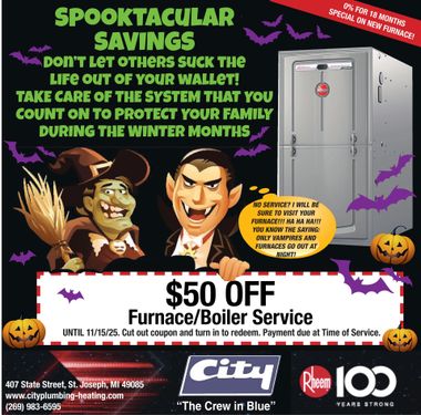 Halloween-themed ad. Offers $50 off furnace/boiler service. Features a witch, Dracula, and a furnace.