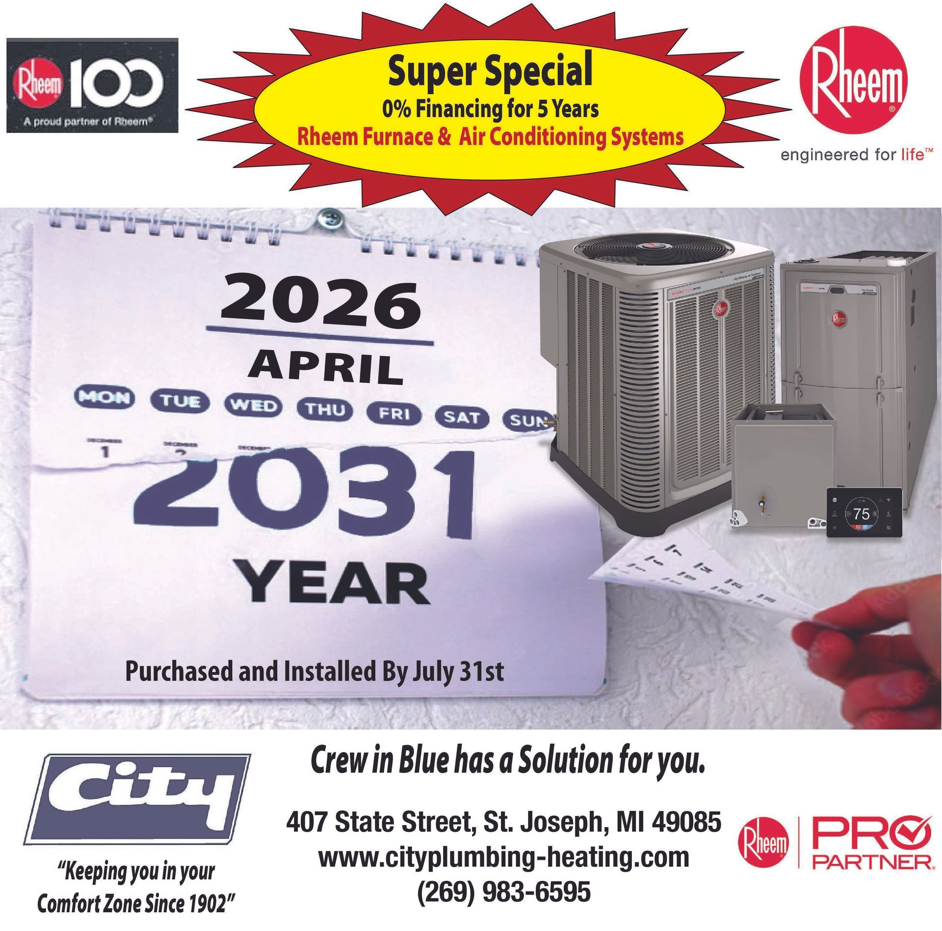 A promotional flyer for City Plumbing & Heating advertising Rheem furnace and AC systems with 5-year 0% financing.