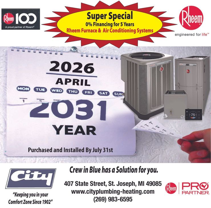 A promotional flyer for City Plumbing & Heating advertising Rheem furnace and AC systems with 5-year 0% financing.