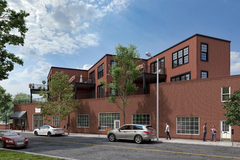 An artist's impression of a large brick building with cars parked in front of it.