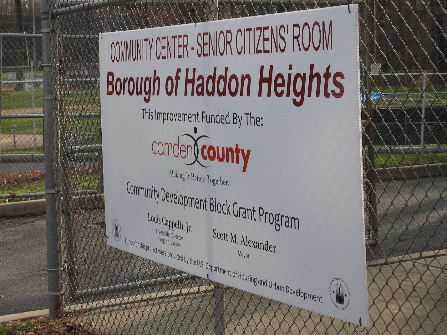 A sign that says community center senior citizens room, borough of Haddon heights.