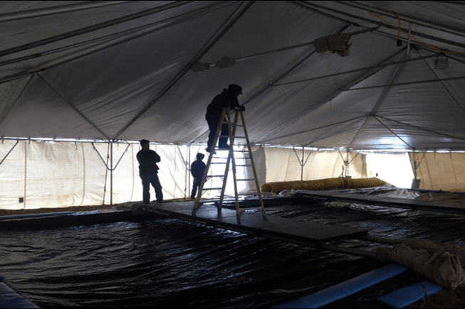 Man pitching a construction tent