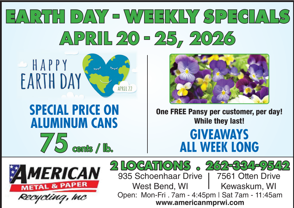 An Earth Day promotional flyer for American Metal & Paper Recycling offering 75 cents/lb for aluminum and free pansies.