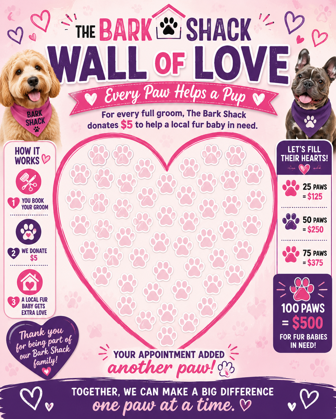 The Bark Shack “Wall of Love” donation poster with pink pawprints and hearts