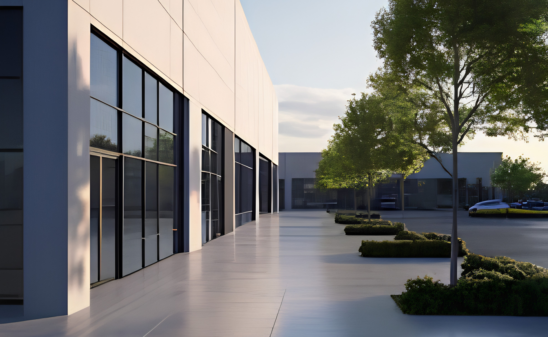 Modern building exterior with large glass windows, white facade, and landscaped sidewalk with trees and planters