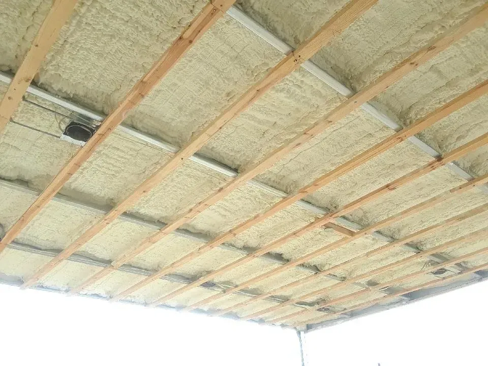 Underside of a concrete ceiling with exposed wooden beams and light shining in from below
