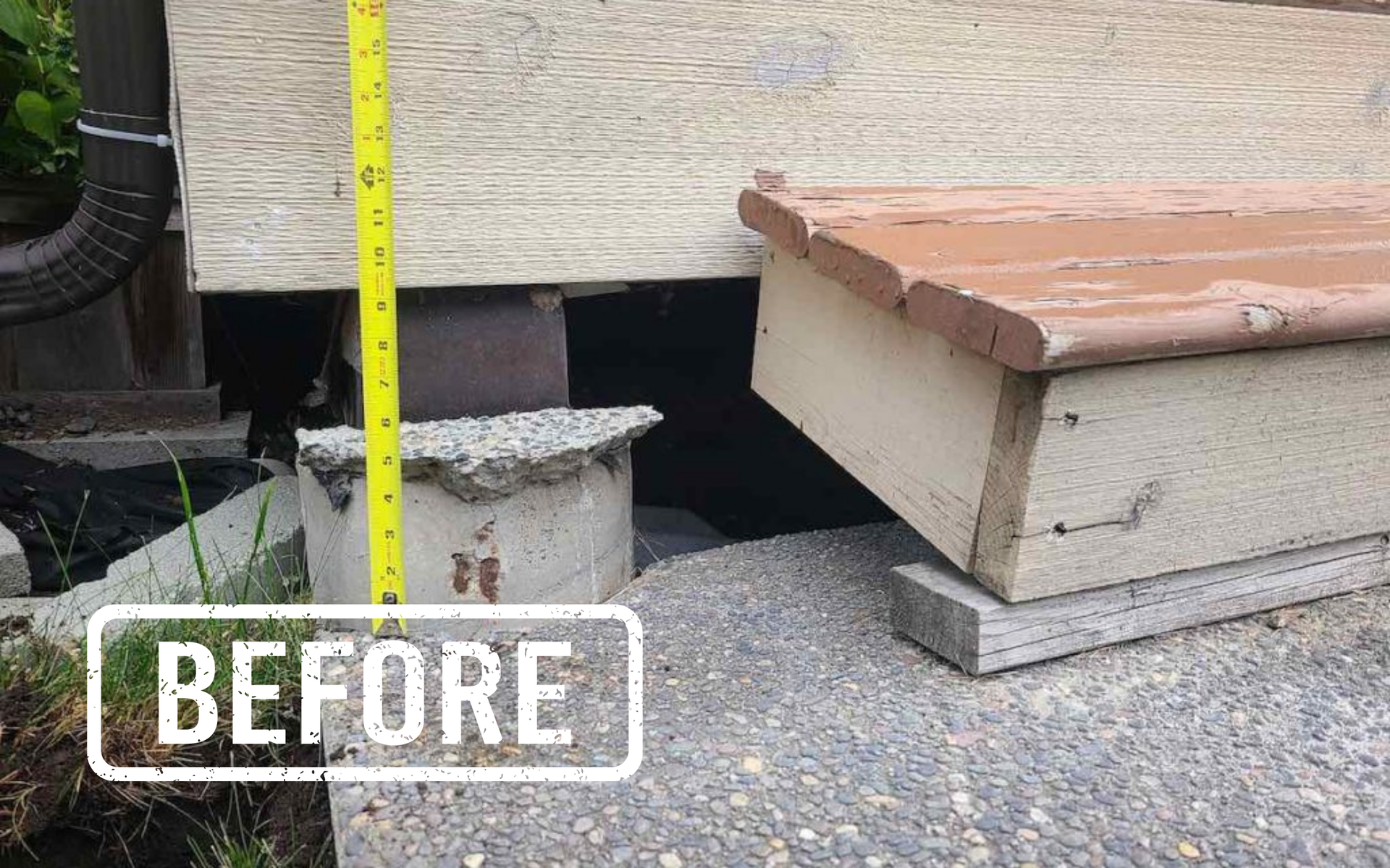 Basement foundation before repair, with measuring tape, concrete blocks, and a wooden step.