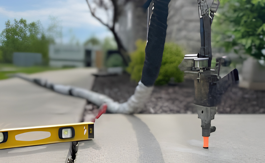 Level tool and drill working on a concrete surface outdoors.