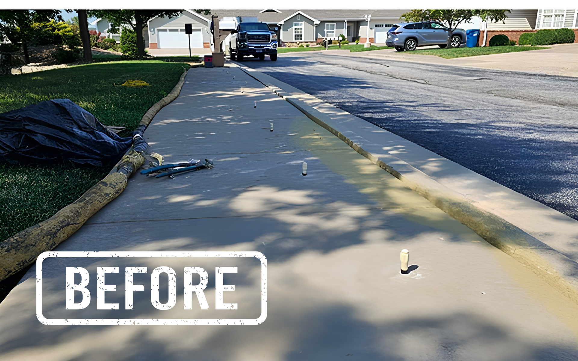Broken sidewalk with cracks and debris