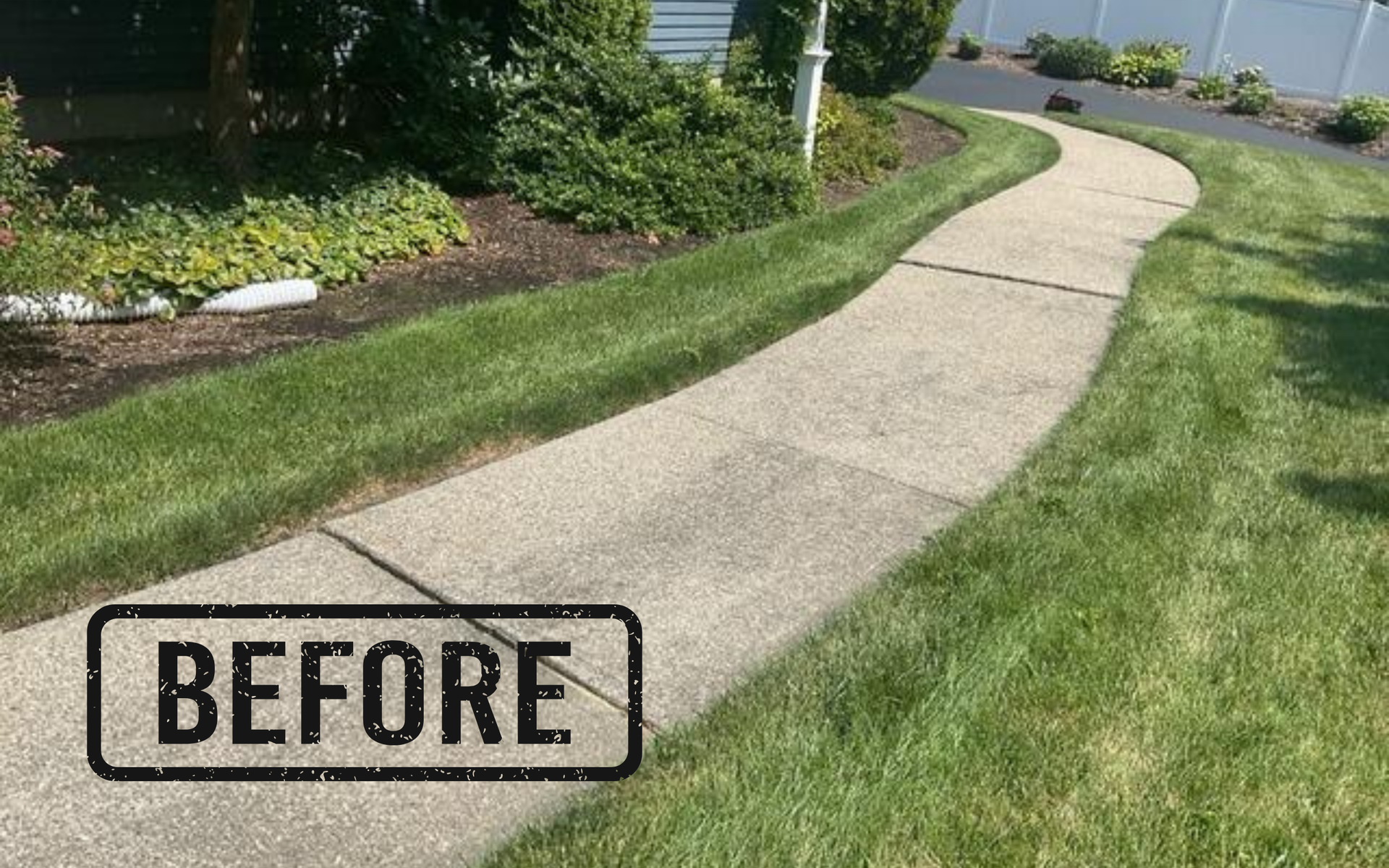 Curved concrete walkway bordered by green lawn and shrubs