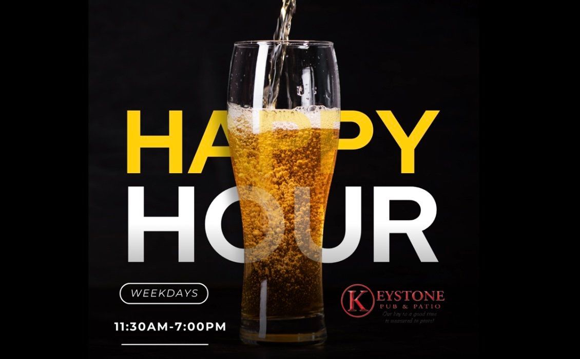 Happy Hour advertisement: beer being poured into a glass against a black background. Yellow 