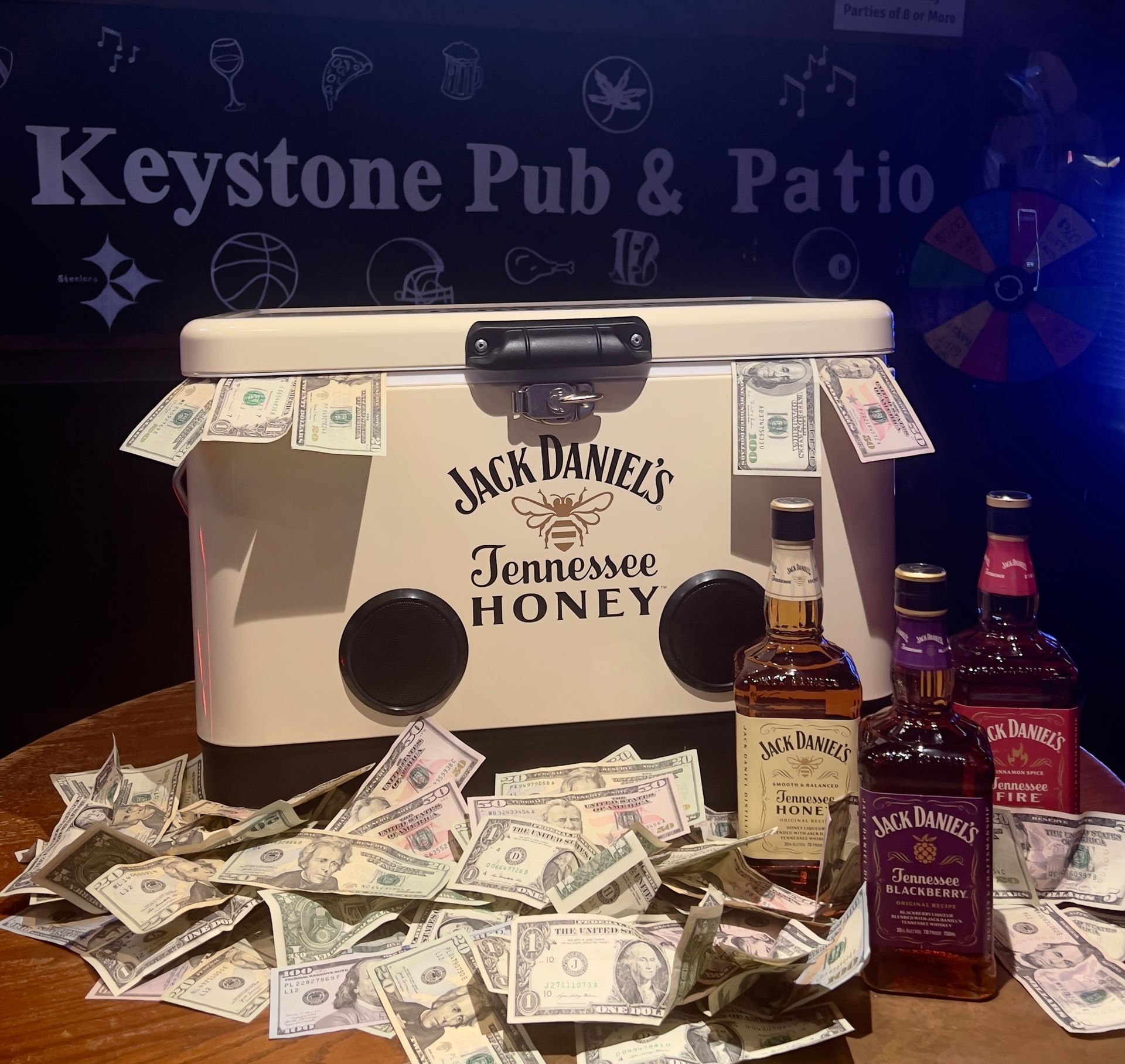 Jack Daniel's cooler with cash and bottles at Keystone Pub & Patio.