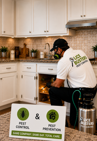 Learn more about pest control Technician spraying baseboard with pesticide in a home, wearing gloves and using a white sprayer bottle.