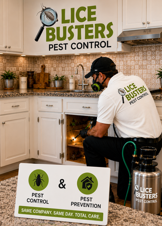 Learn more about pest control Technician spraying baseboard with pesticide in a home, wearing gloves and using a white sprayer bottle.