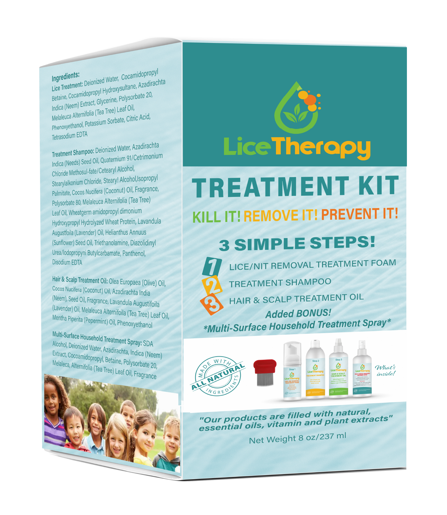 Boxed Lice Therapy treatment kit with three steps, including foam, shampoo, and oil. Bonus spray included, and products are made with natural ingredients.